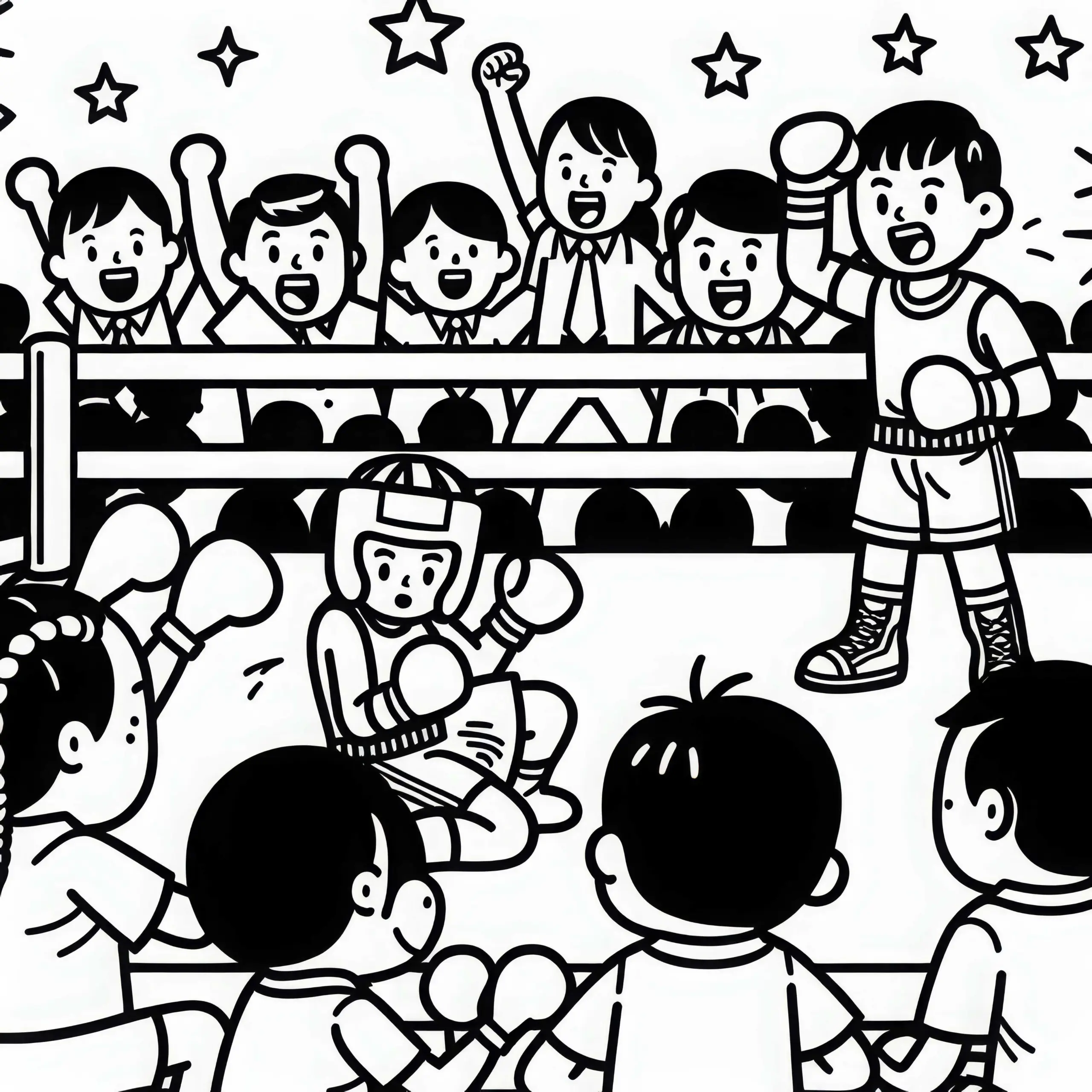 Zuschauer feuern Kämpfer während eines Boxkampfes an – Malvorlage gratis (Ausmalbild)