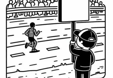 Zuschauer hält beim Marathon Schild Botschaft am Straßenrand – Ausmalbild Kostenlos