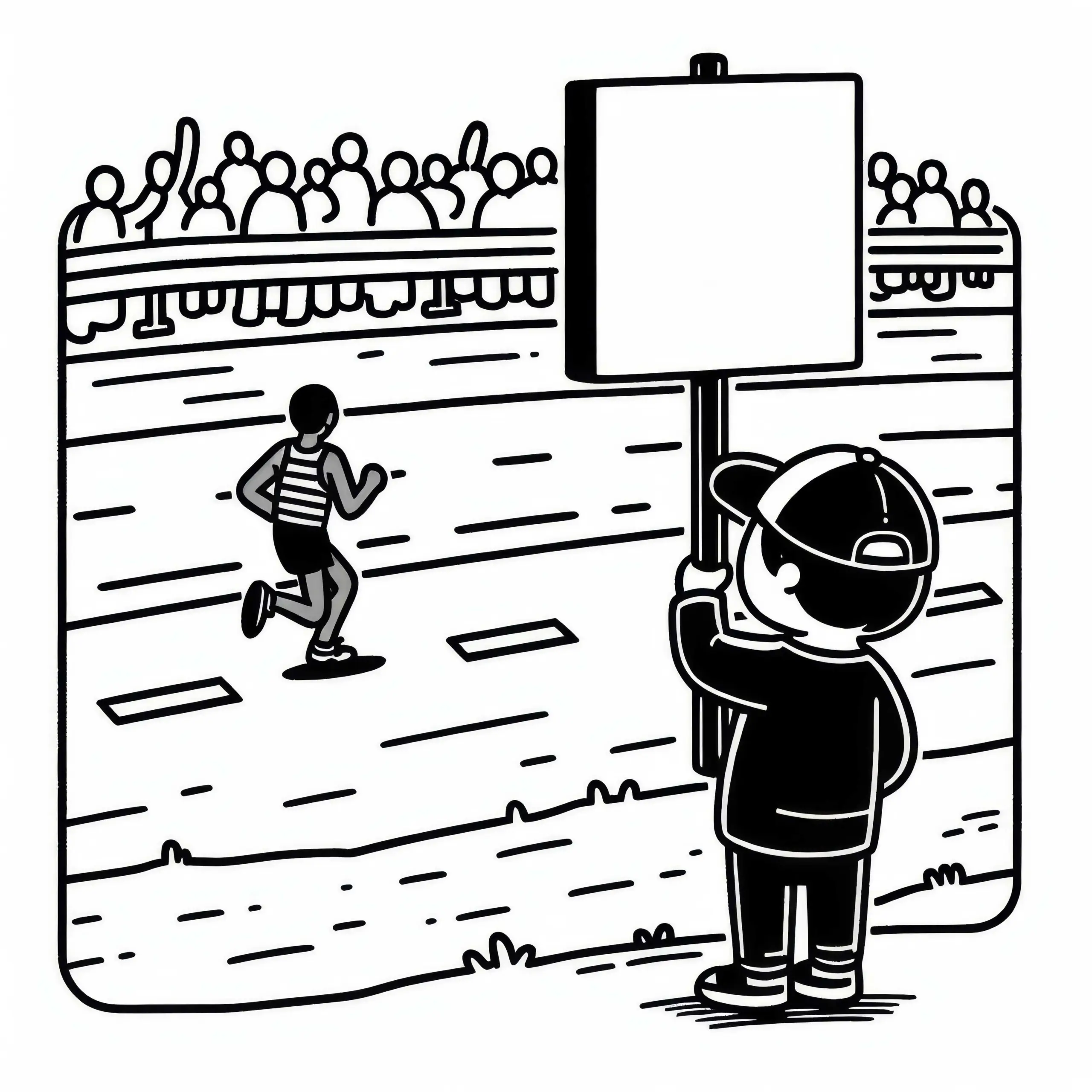 Zuschauer hält beim Marathon Schild Botschaft am Straßenrand – Ausmalbild Kostenlos