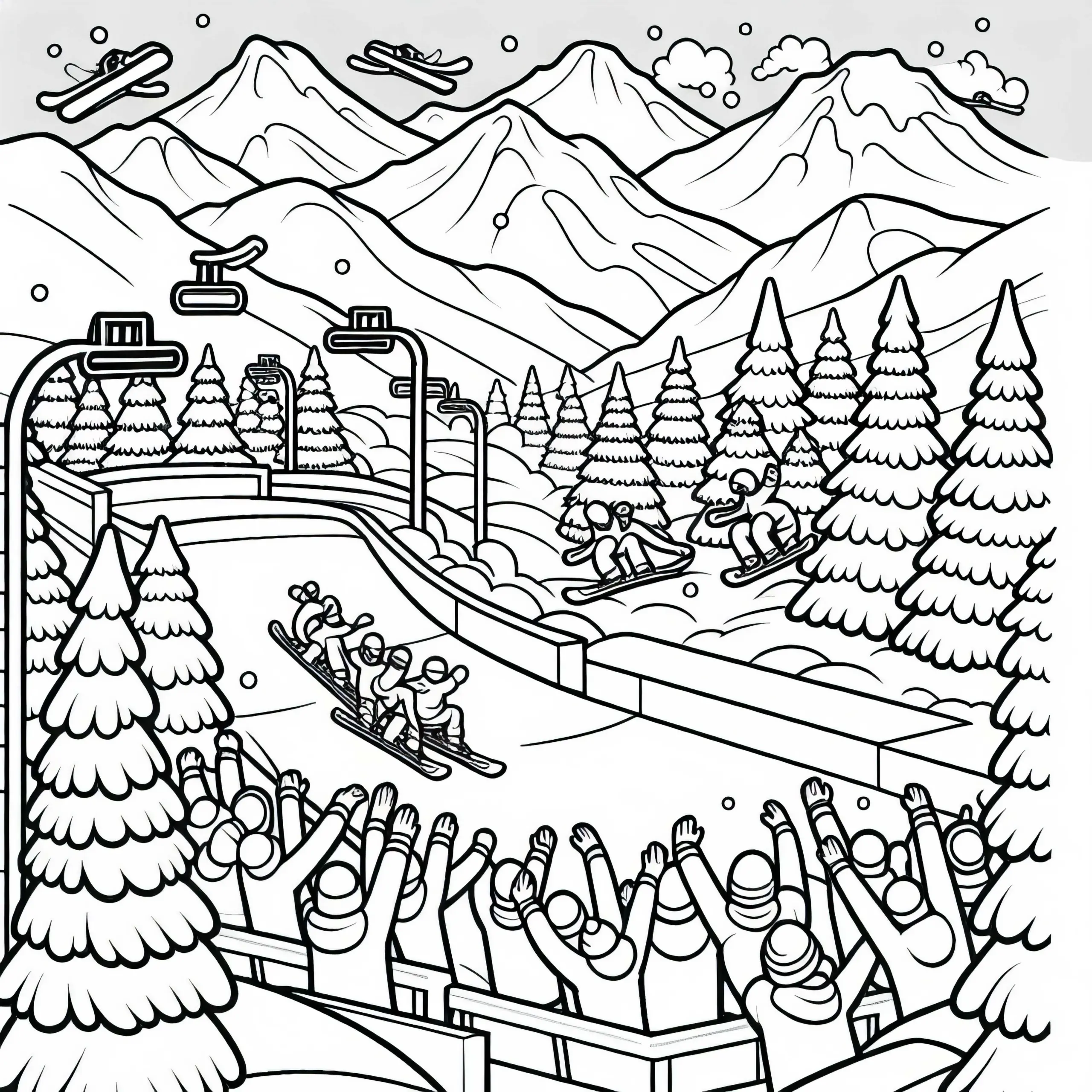 Zuschauer jubeln am Rand einer Snowpark Piste – Malvorlage kostenlos (Ausmalbild)