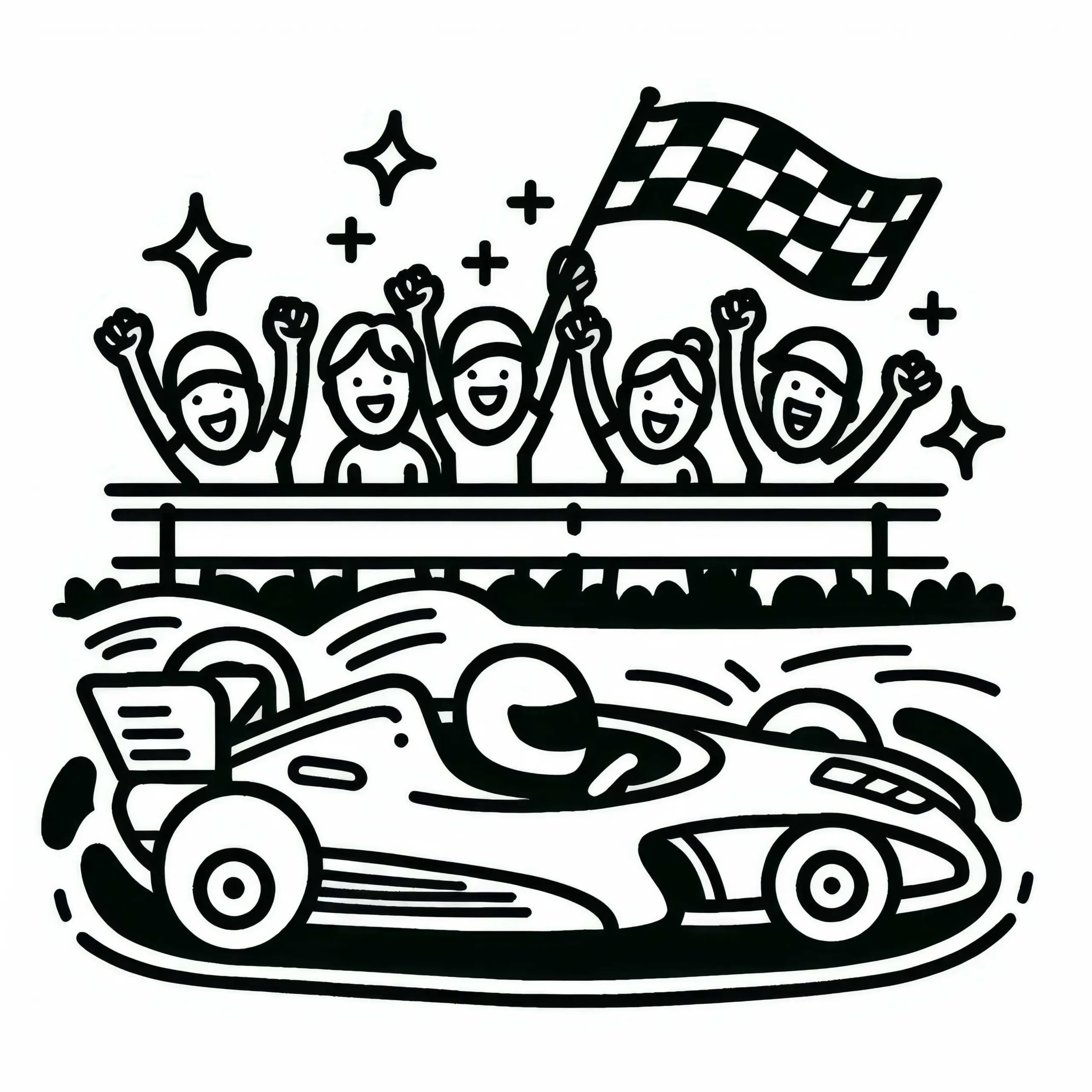 Zuschauer jubeln beim Motorsport – Ausmalbild einfach gratis