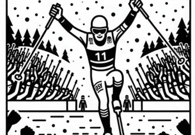 Zuschauer jubeln, während der Biathlet die Ziellinie überquert – Malvorlage kostenlos