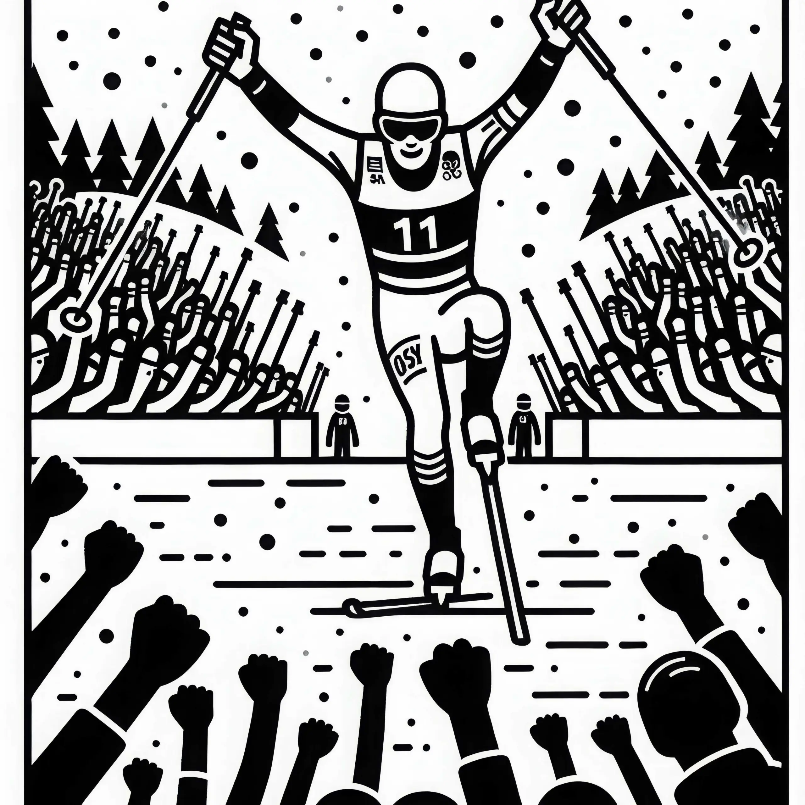 Zuschauer jubeln, während der Biathlet die Ziellinie überquert – Malvorlage kostenlos (Ausmalbild)