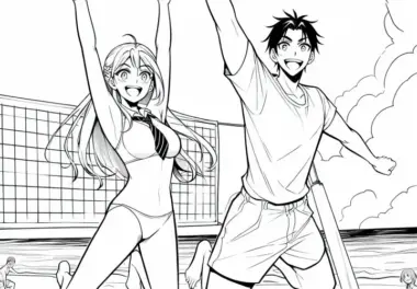 Zwei Anime-Figuren Spielen Glücklich Volleyball Am Sonnigen Strand – Ausmalbild Kostenlos