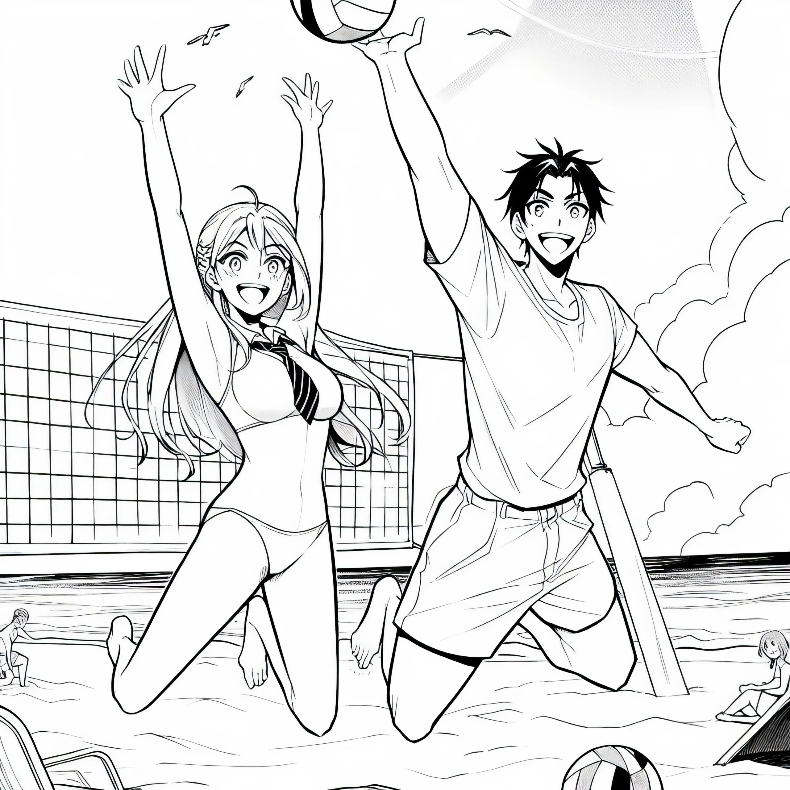 Zwei Anime-Figuren Spielen Glücklich Volleyball Am Sonnigen Strand – Ausmalbild Kostenlos