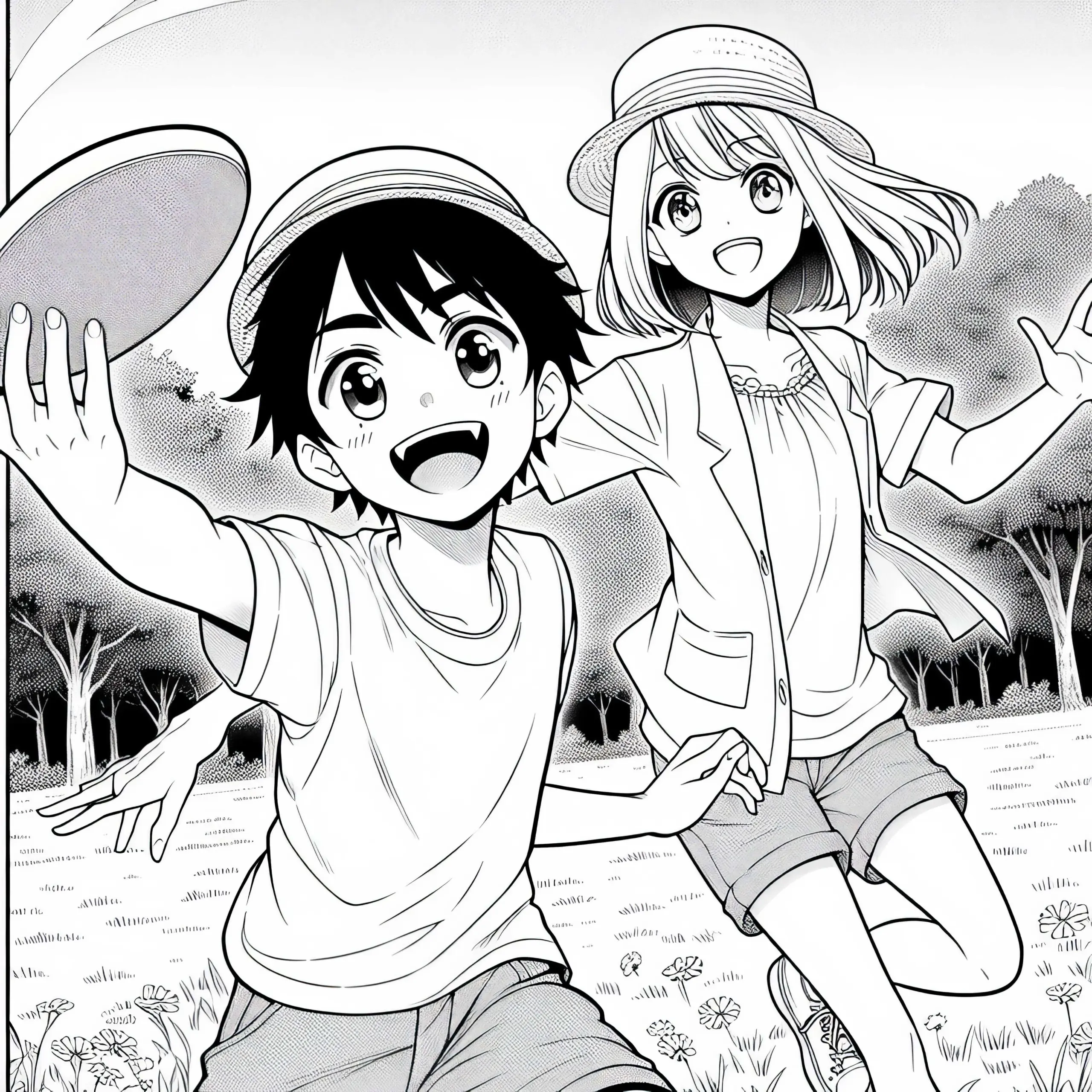 Zwei Anime-Freunde Spielen Fröhlich Frisbee Im Sonnigen Park – Ausmalbild Kostenlos Herunterladen