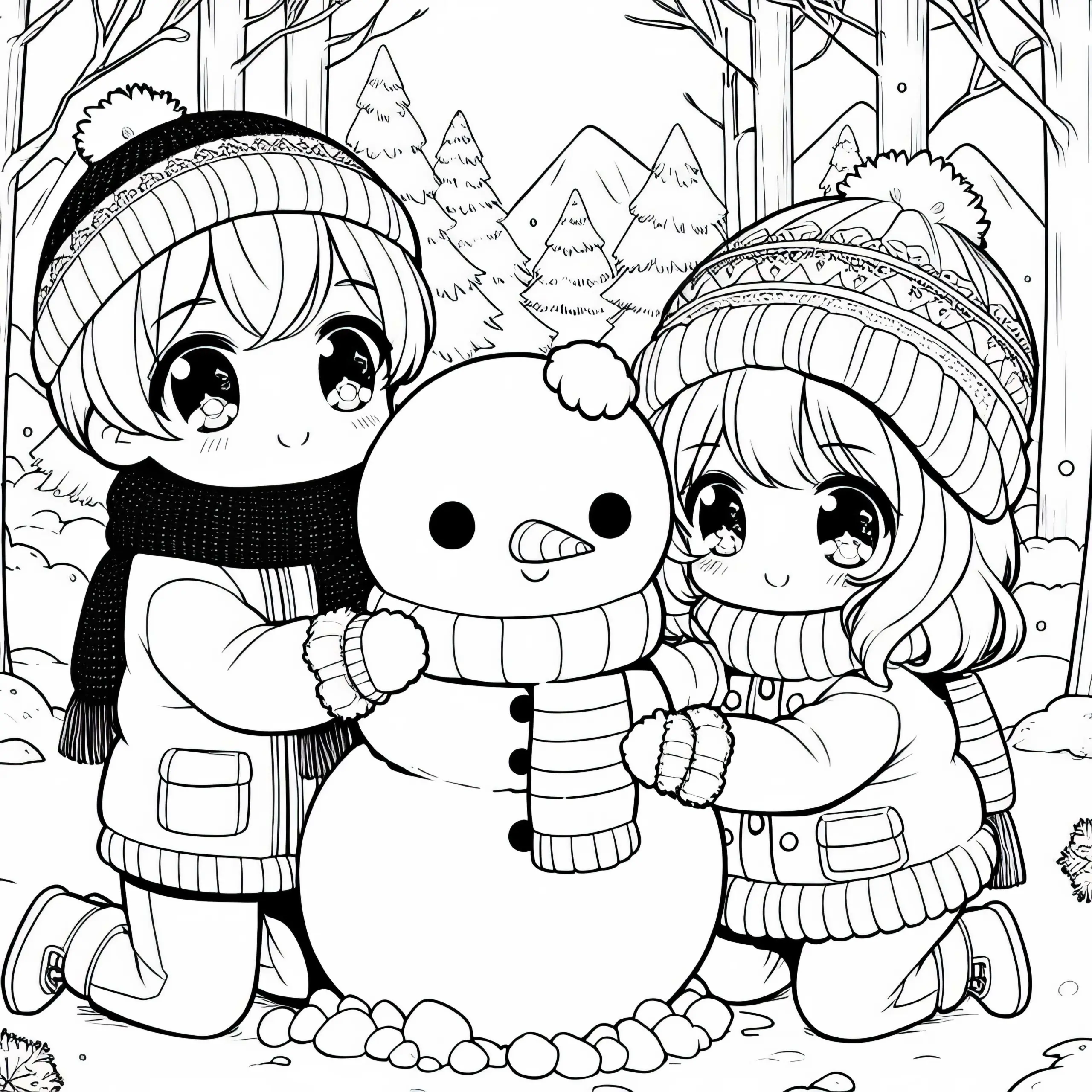 Zwei Anime Kinder Bauen Niedlichen Schneemann Im Winterwald – Malvorlage Gratis (Ausmalbild)