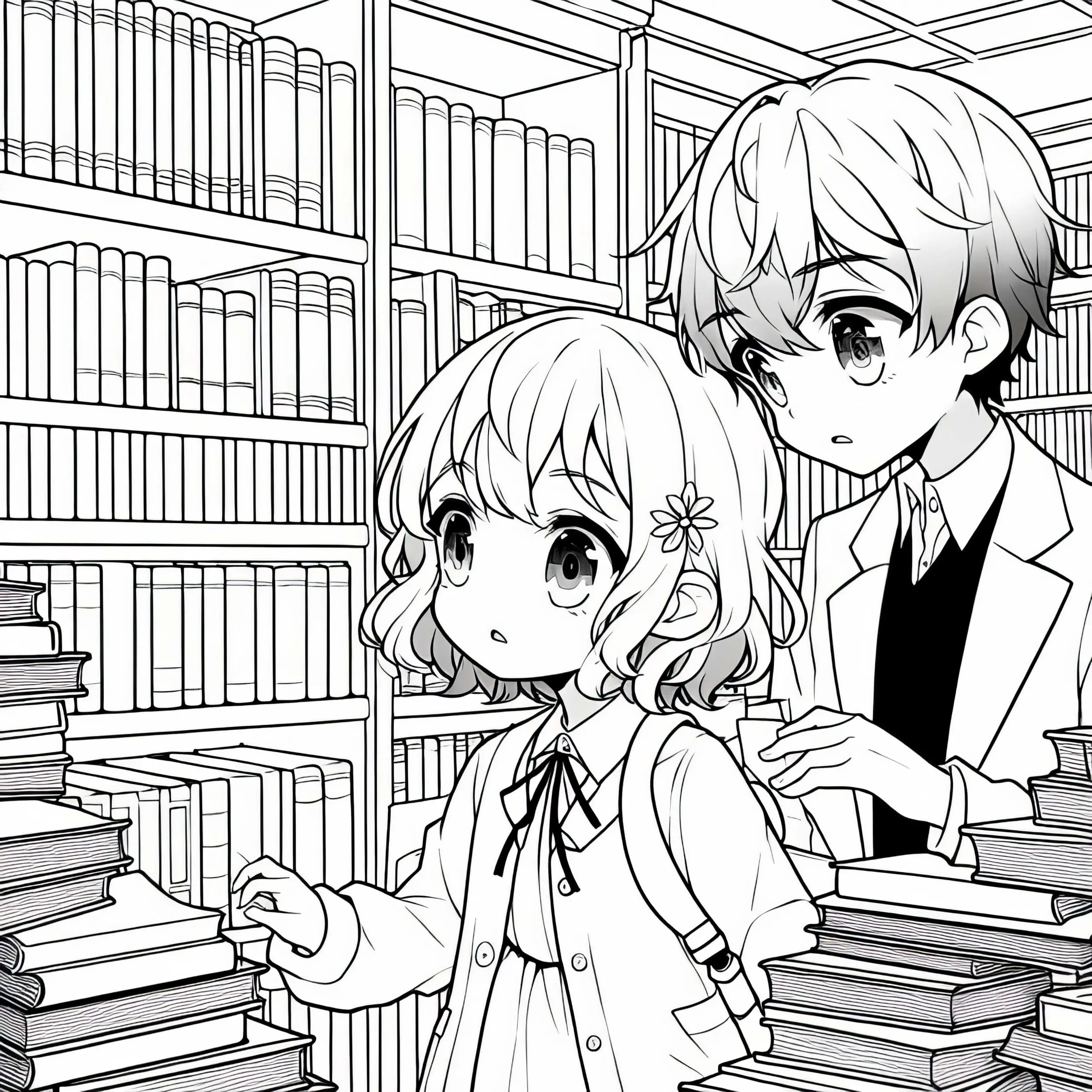 Zwei Anime-Kinder erkunden neugierig eine geheimnisvolle Bibliothek voller Bücher – Malvorlage gratis (Ausmalbild)