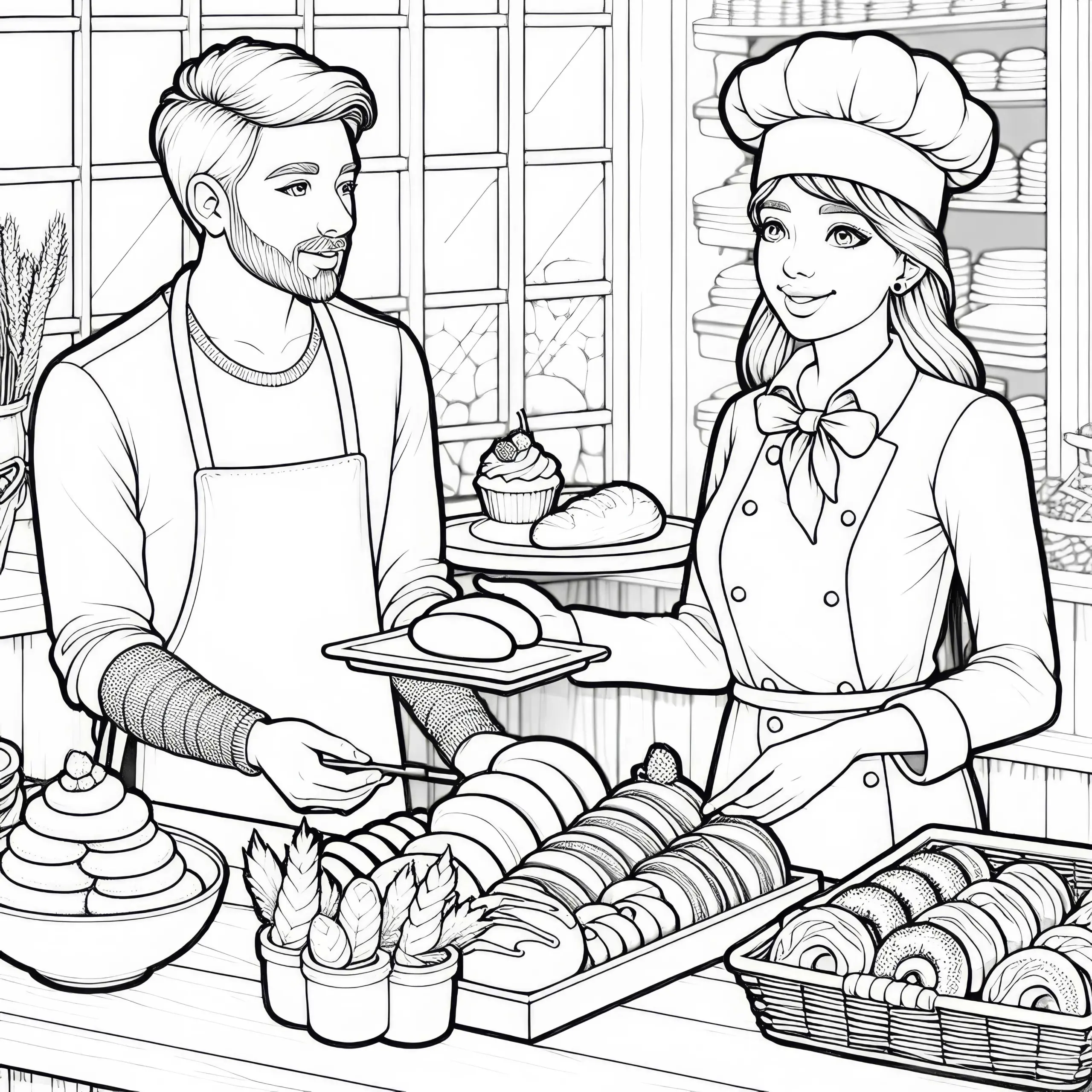 Zwei Bäcker in der Bäckerei – Malvorlage Detailreich Kostenlos (Ausmalbild)