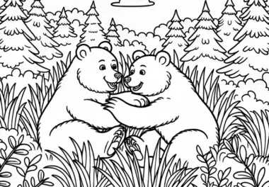 Zwei Bären spielen im Wald im hohen Gras – Malvorlage gratis