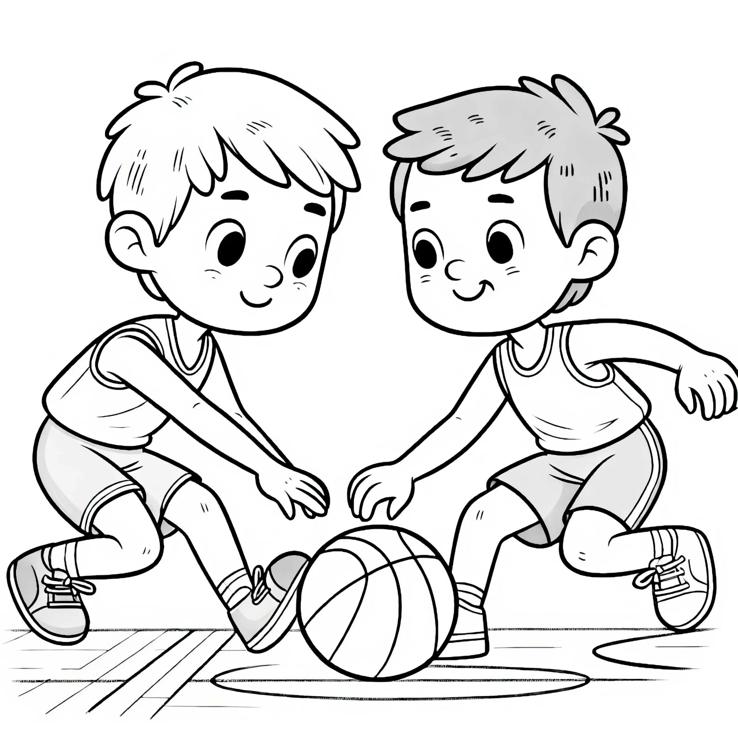 Zwei Basketballspieler kämpfen um den Ball – Malvorlage einfach gratis (Ausmalbild)