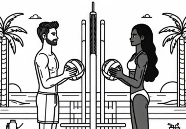 Zwei Beachvolleyballspieler stehen sich am Netz gegenüber – Malvorlage gratis