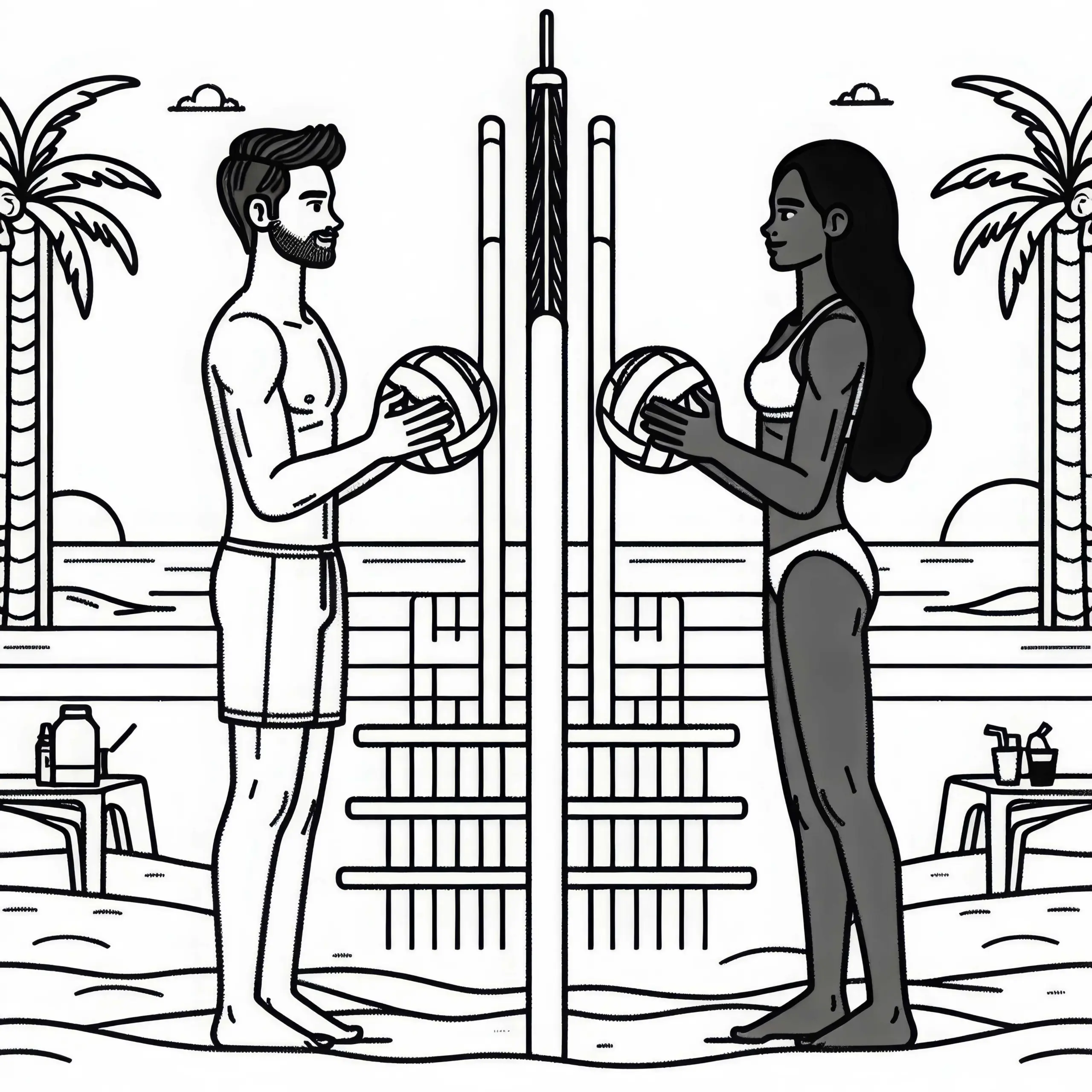 Zwei Beachvolleyballspieler stehen sich am Netz gegenüber – Malvorlage gratis (Ausmalbild)