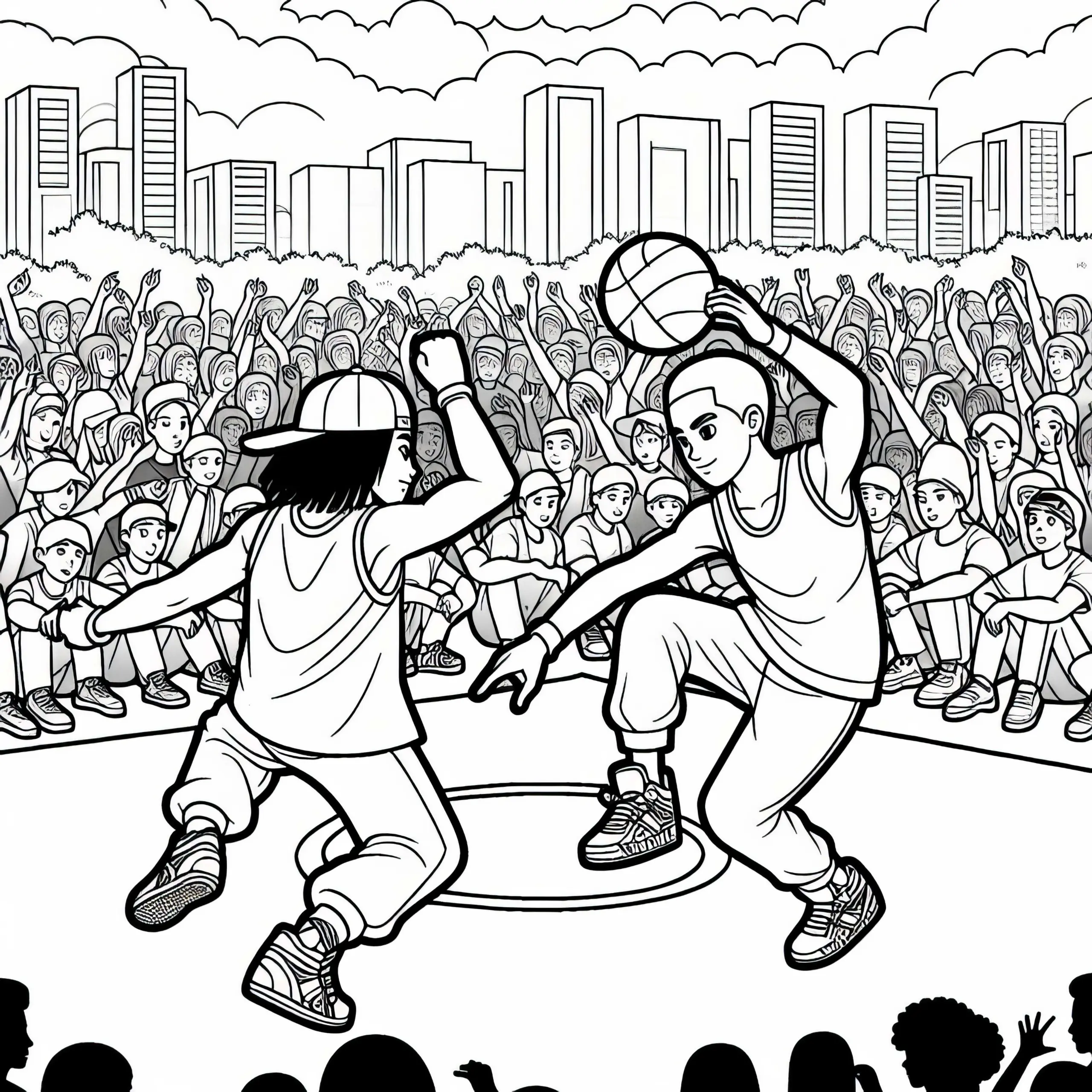 Zwei Breakdancer Battlen sich – Malvorlage kostenlos (Ausmalbild)