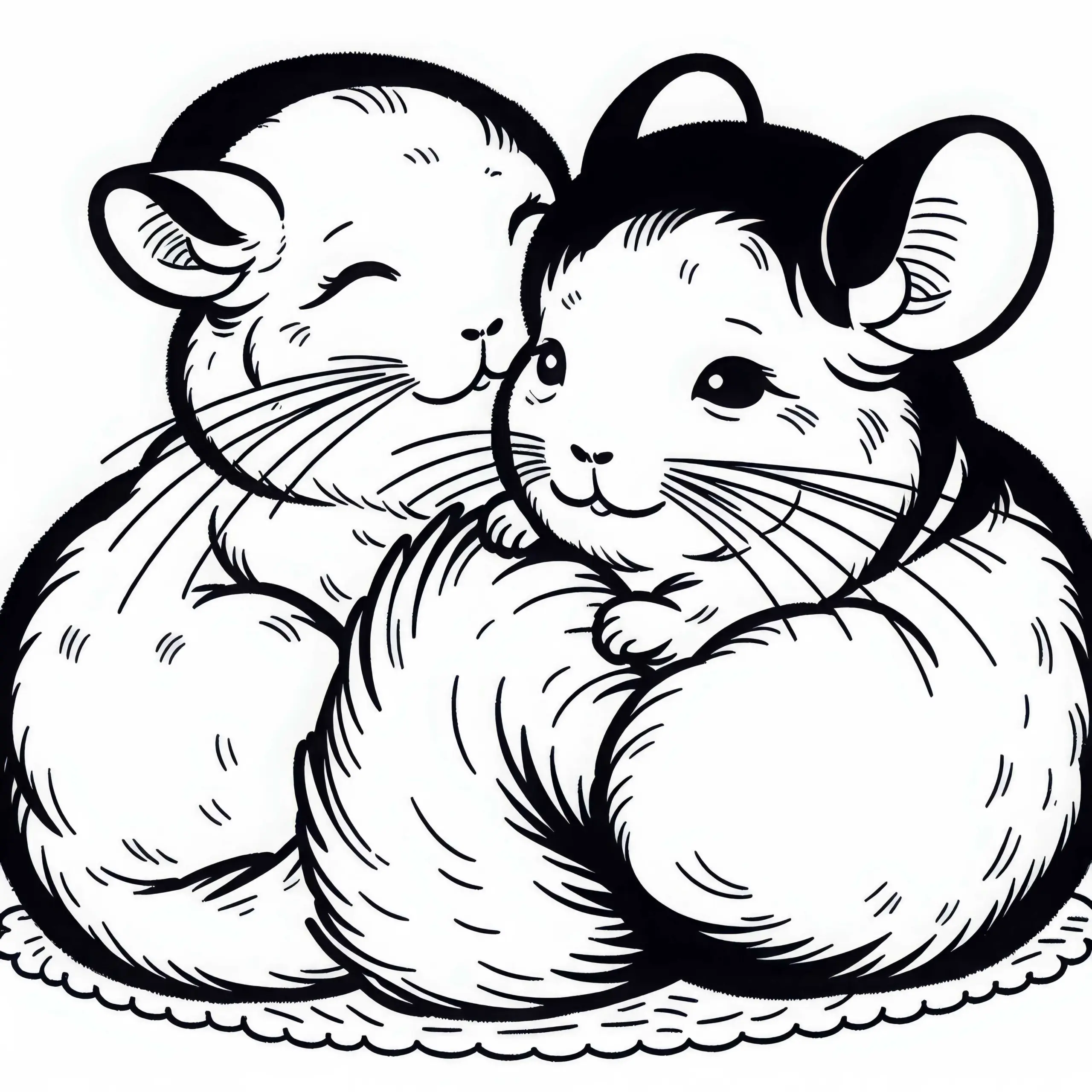 Zwei Chinchillas kuscheln sich eng aneinander – Malvorlage gratis (Ausmalbild)