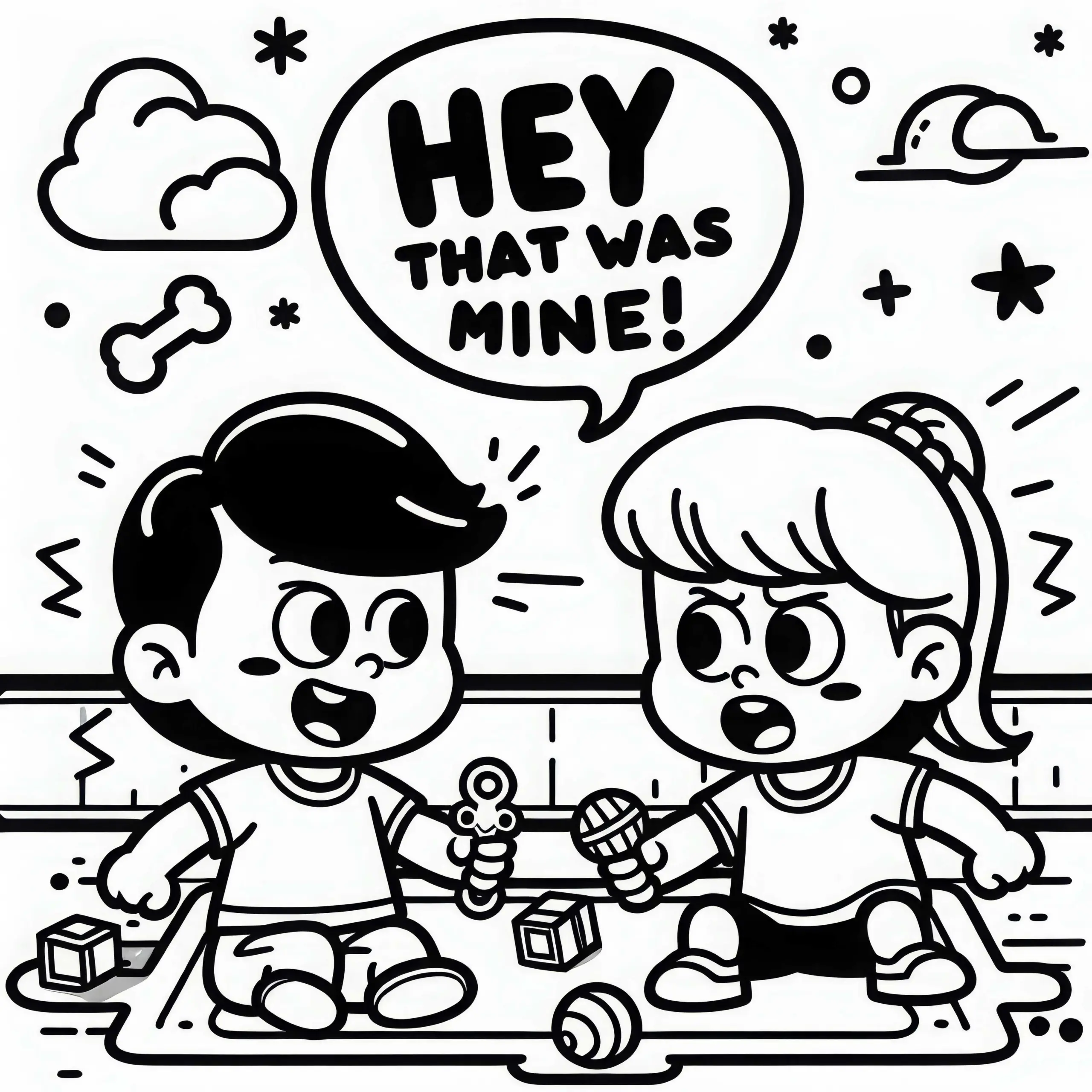 Zwei Comic-Kinder Streiten Sich Um Spielzeug – Malvorlage Gratis (Ausmalbild)