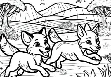 Zwei Dingos rennen durch die Landschaft – Ausmalbild kostenlos