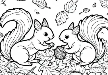 Zwei Eichhörnchen Spielen im Herbstlaub – Ausmalbild Gratis