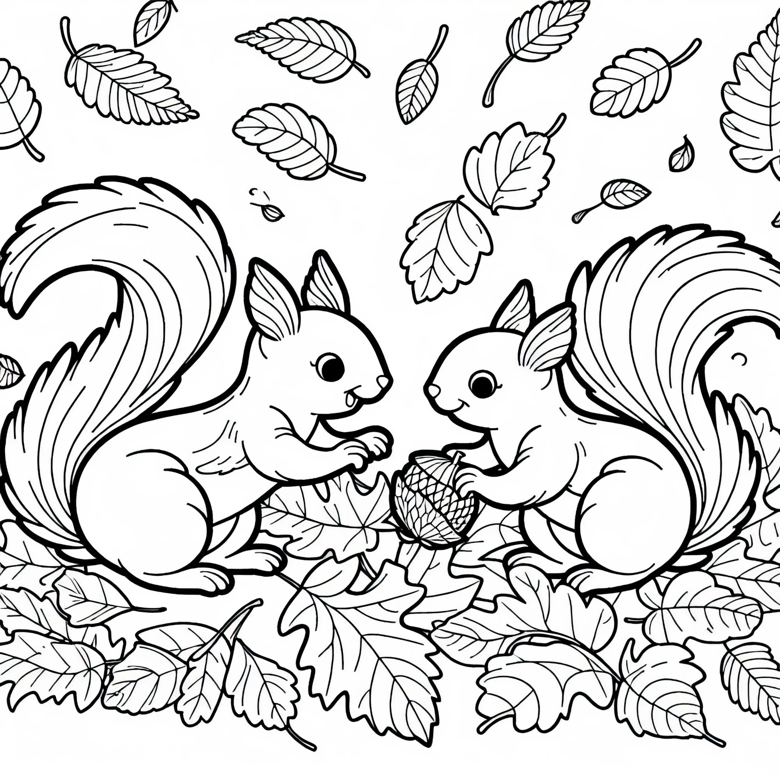 Zwei Eichhörnchen Spielen im Herbstlaub – Ausmalbild Gratis