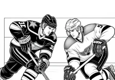 Zwei Eishockeyspieler im Zweikampf – Malvorlage in Detailreich Kostenlos