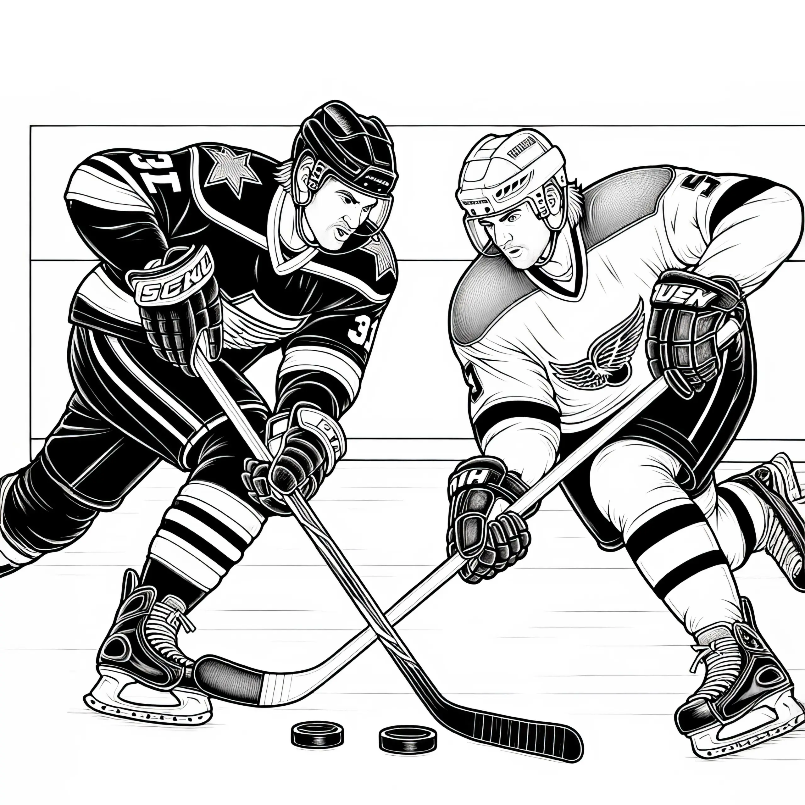 Zwei Eishockeyspieler im Zweikampf – Malvorlage in Detailreich Kostenlos (Ausmalbild)