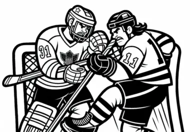 Zwei Eishockeyspieler prallen bei Zweikampf zusammen – Ausmalbild gratis