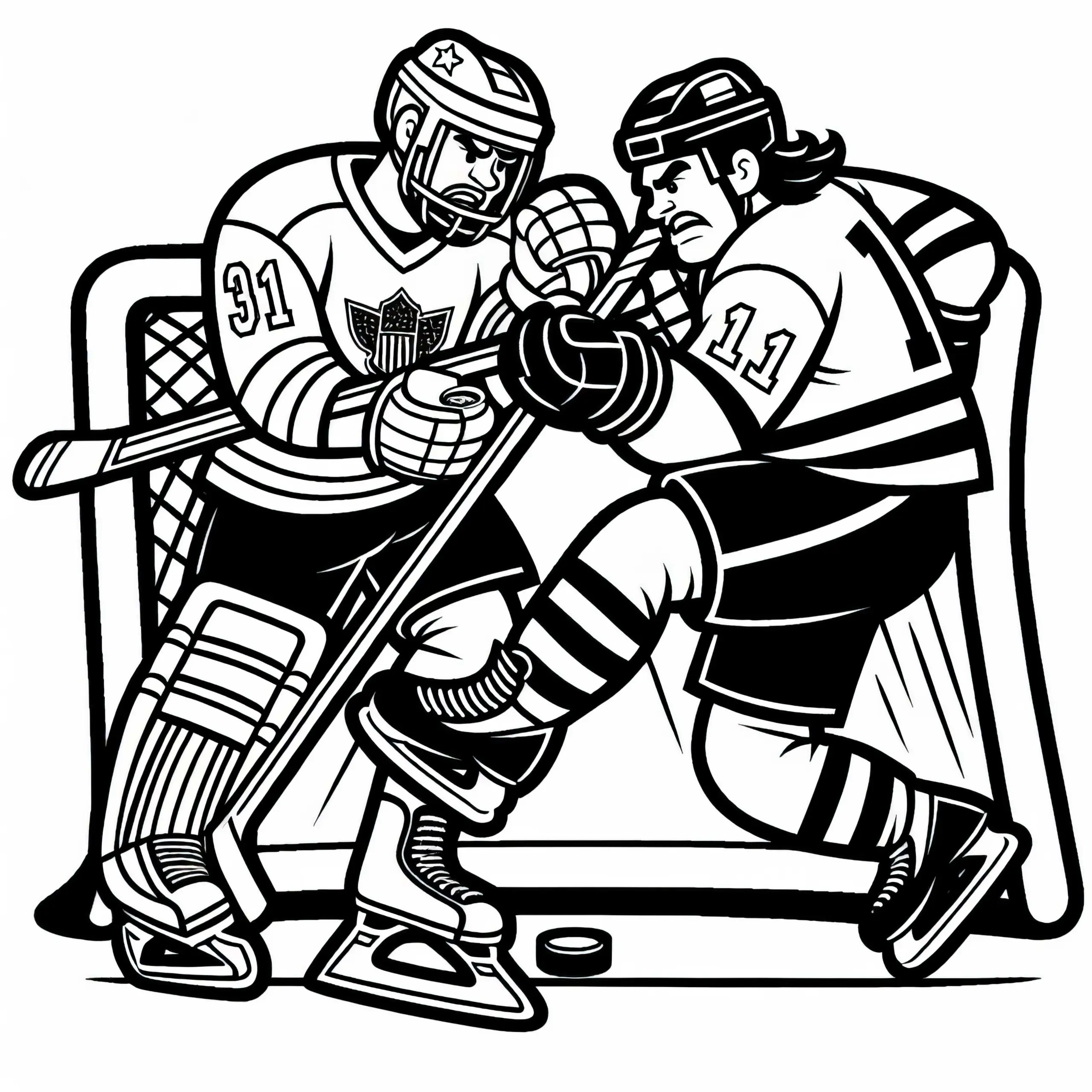 Zwei Eishockeyspieler prallen bei Zweikampf zusammen – Ausmalbild gratis