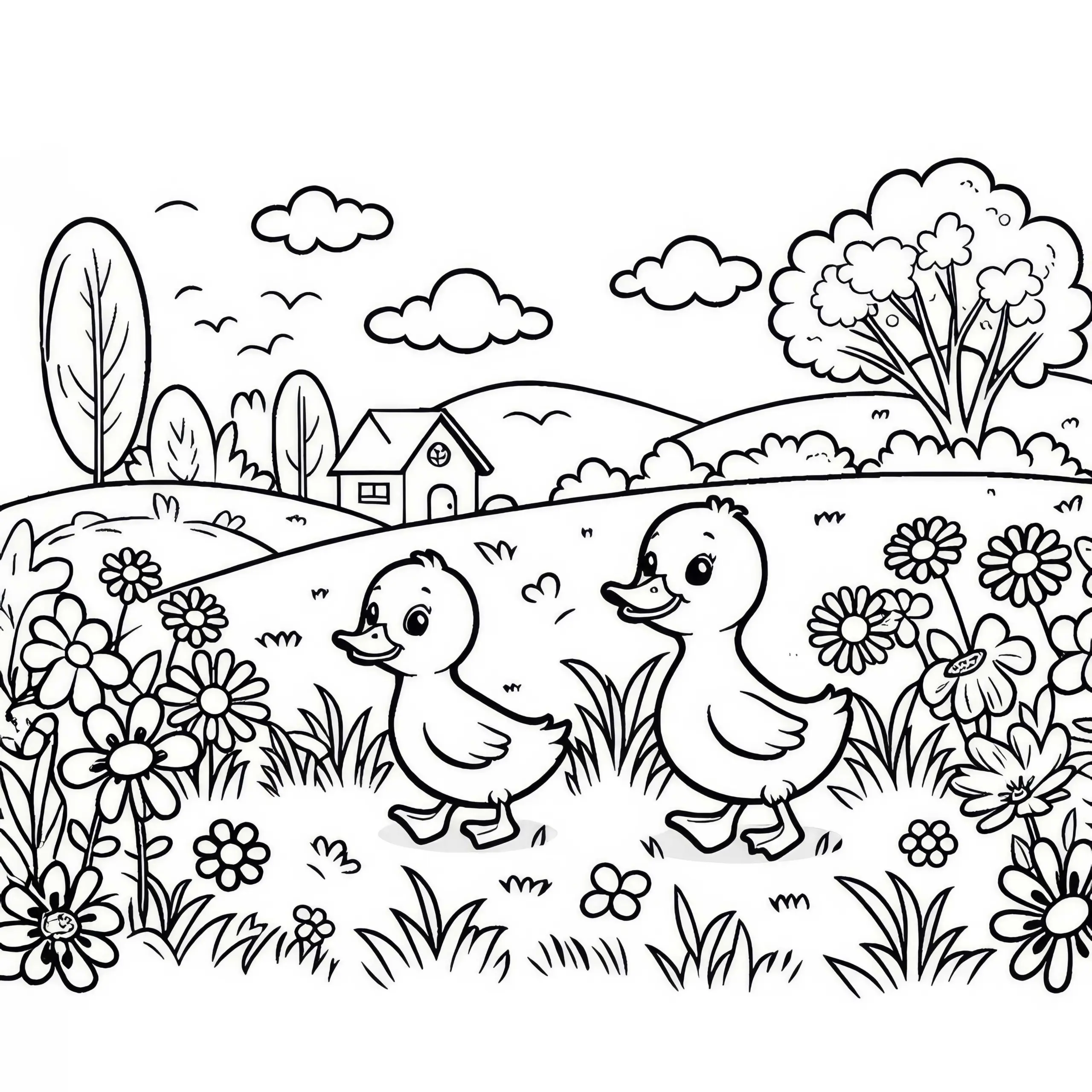 Zwei Enten watscheln über eine Wiese mit Blumen: Einfache Malvorlage (Gratis) (Ausmalbild)