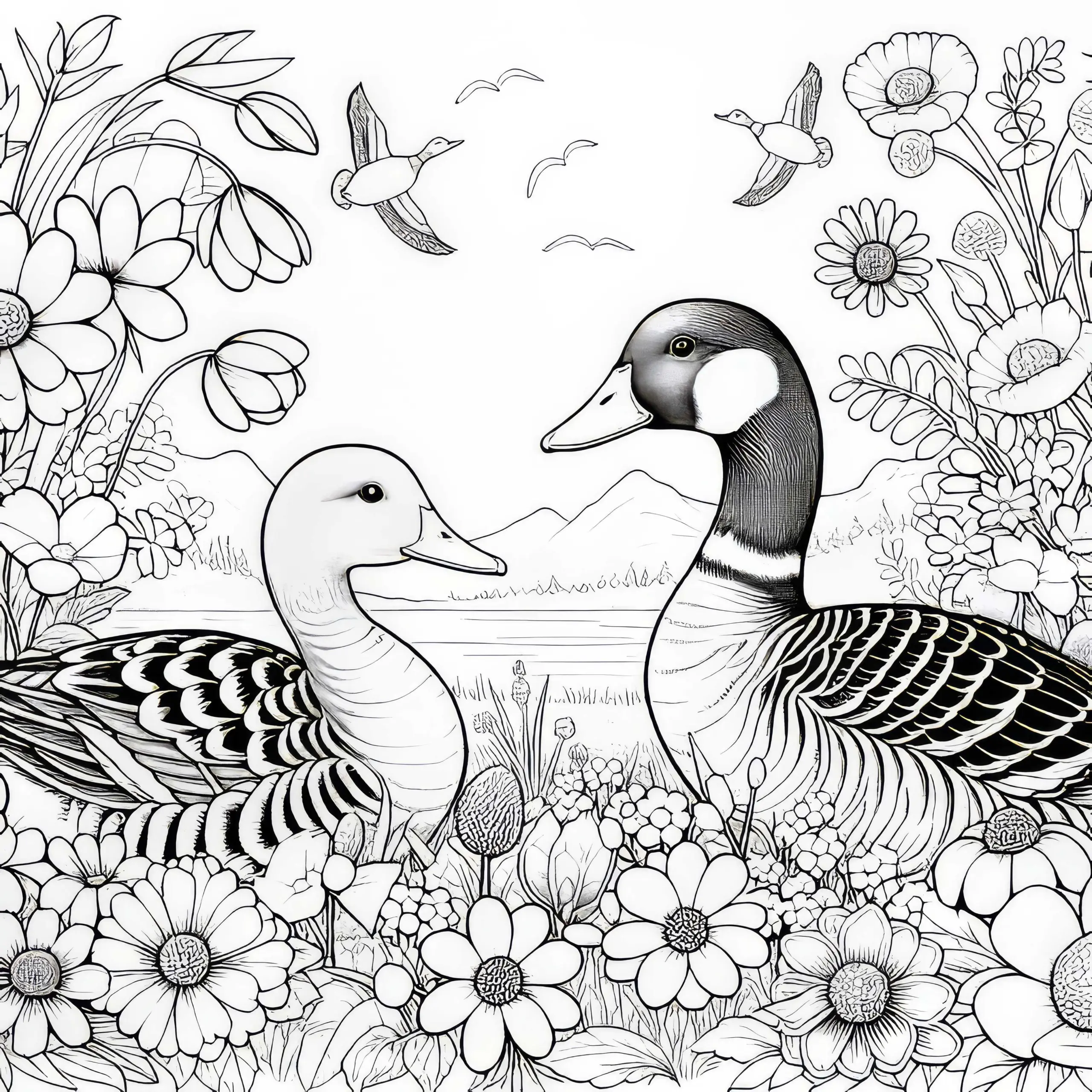 Zwei Enten auf einer Wiese mit Blumen: Ausmalbild zum Herunterladen (Gratis)