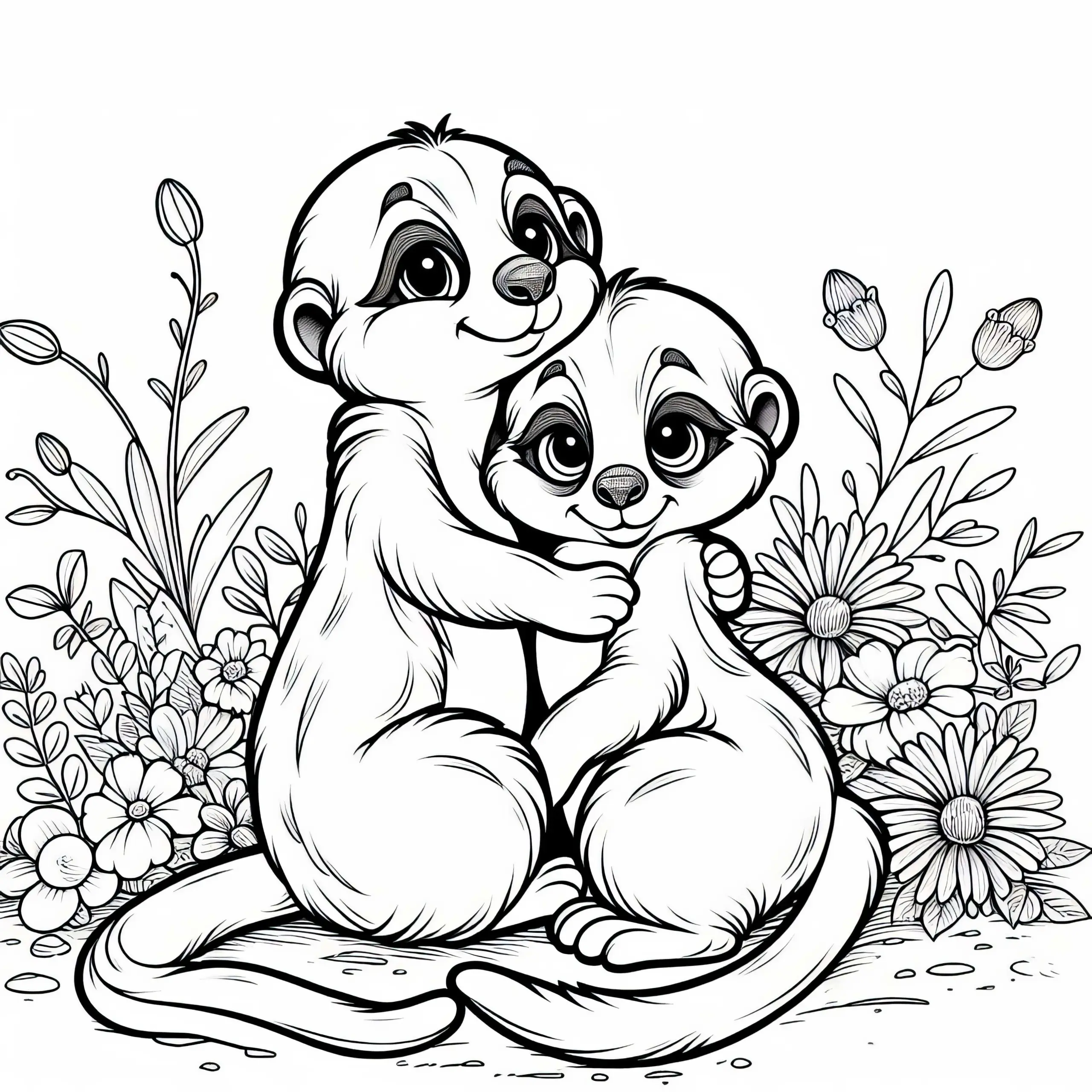 Zwei Erdmännchen kuscheln – Ausmalbild kostenlos