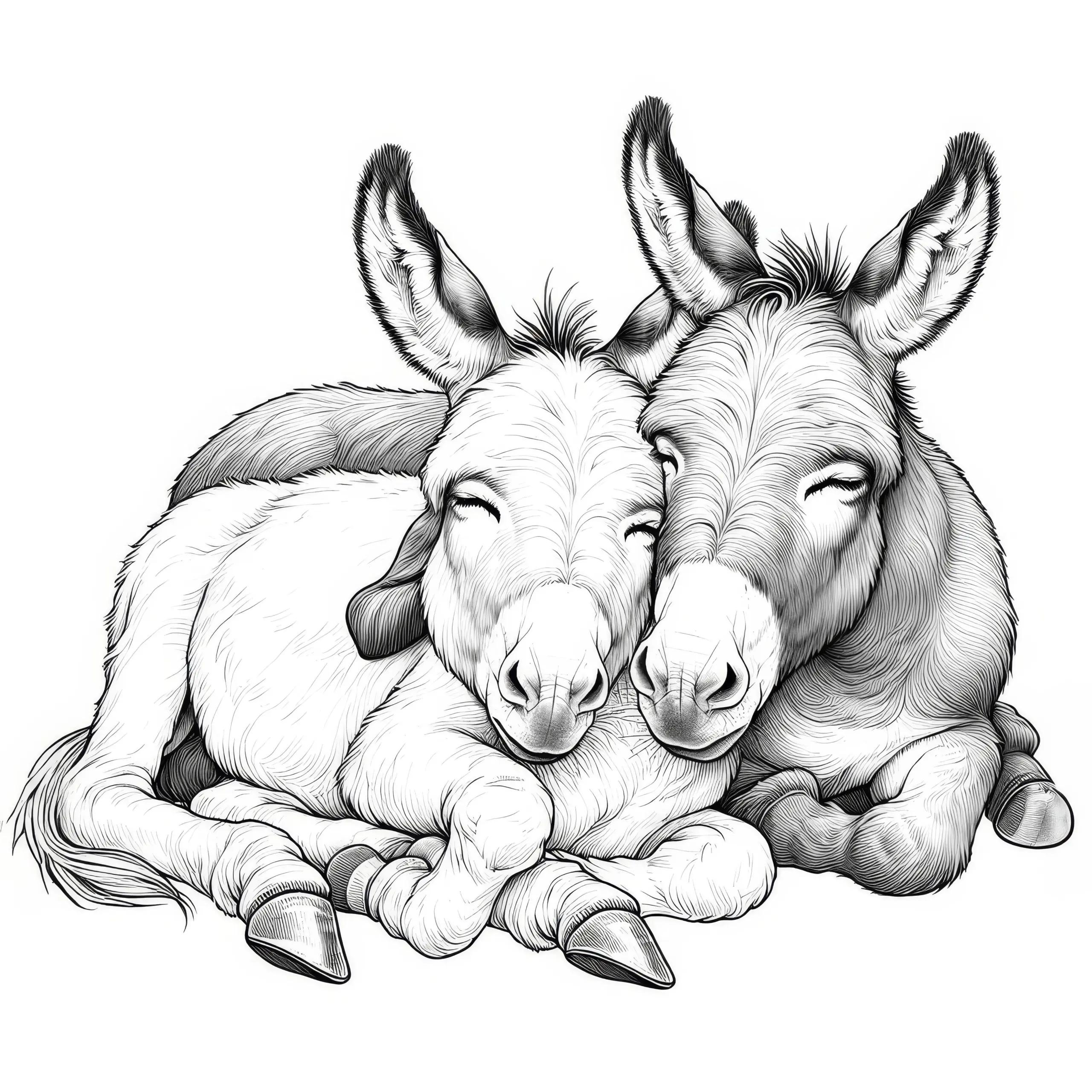 Zwei Esel kuscheln zusammen: Niedliches Ausmalbild (Kostenlos)