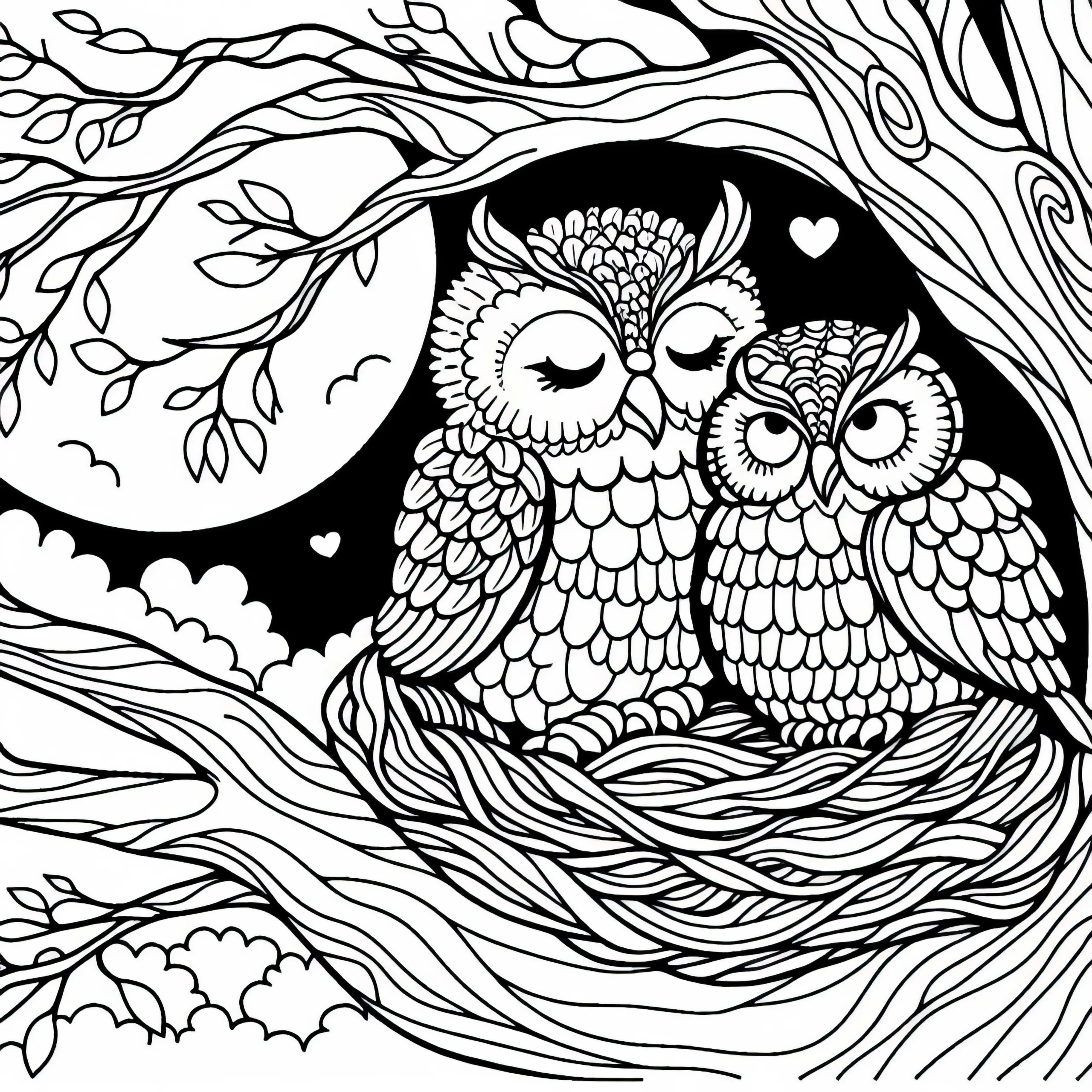 Zwei Eulen kuscheln sich in einem Nest – Ausmalvorlage gratis (Ausmalbild)