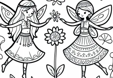 Zwei Feen tanzen um eine Blume – Malvorlage für Mädchen ab sechs kostenlos