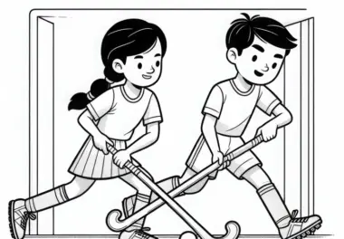 Zwei Feldhockey-Spieler kämpfen um den Ball – Ausmalbild gratis