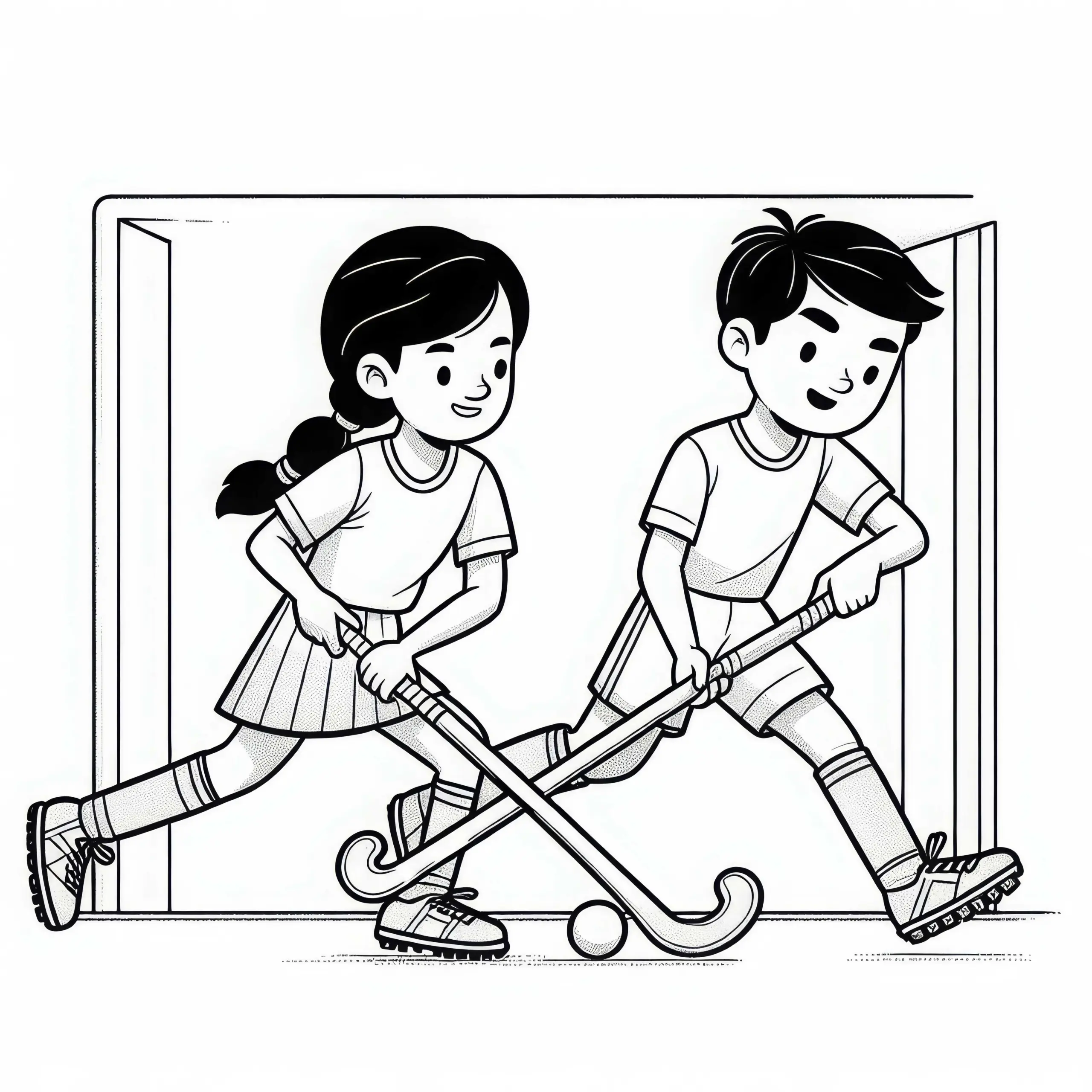 Zwei Feldhockey-Spieler kämpfen um den Ball – Ausmalbild gratis