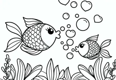 Zwei Fische blubbern Luftblasen in Herzform – Ausmalbild kostenlos herunterladen