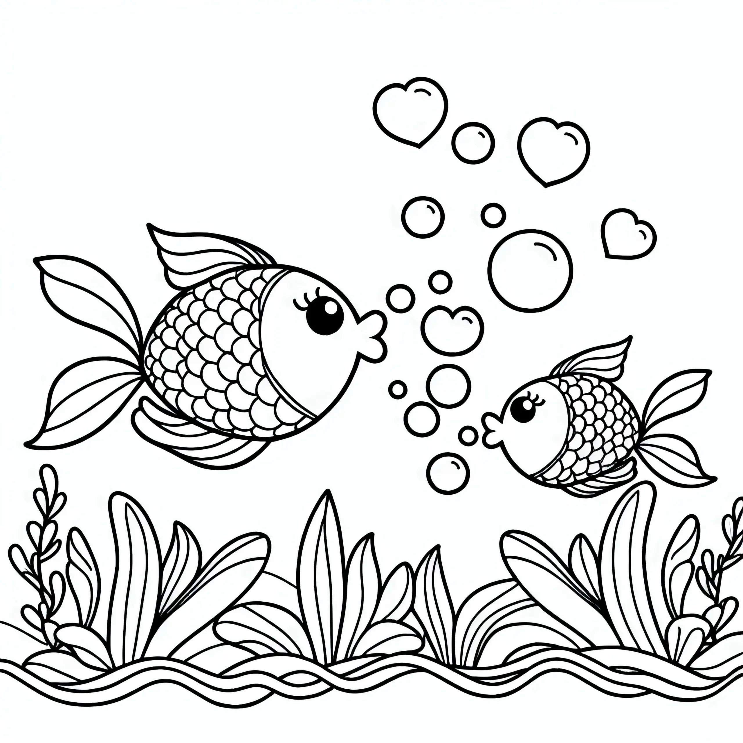 Zwei Fische blubbern Luftblasen in Herzform – Ausmalbild kostenlos herunterladen