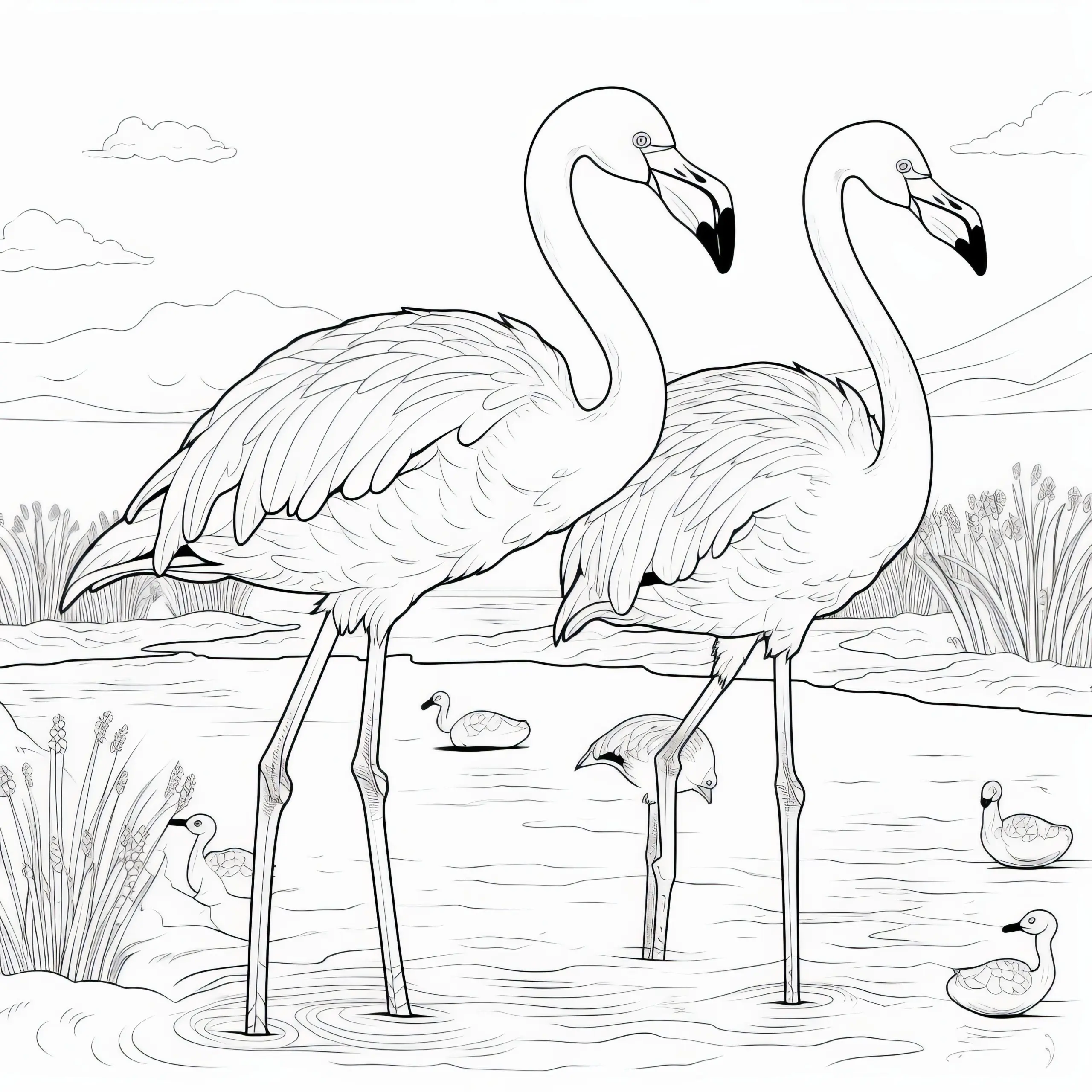 Zwei Flamingos stehen im Wasser: Malvorlage kostenlos zum Download (Ausmalbild)