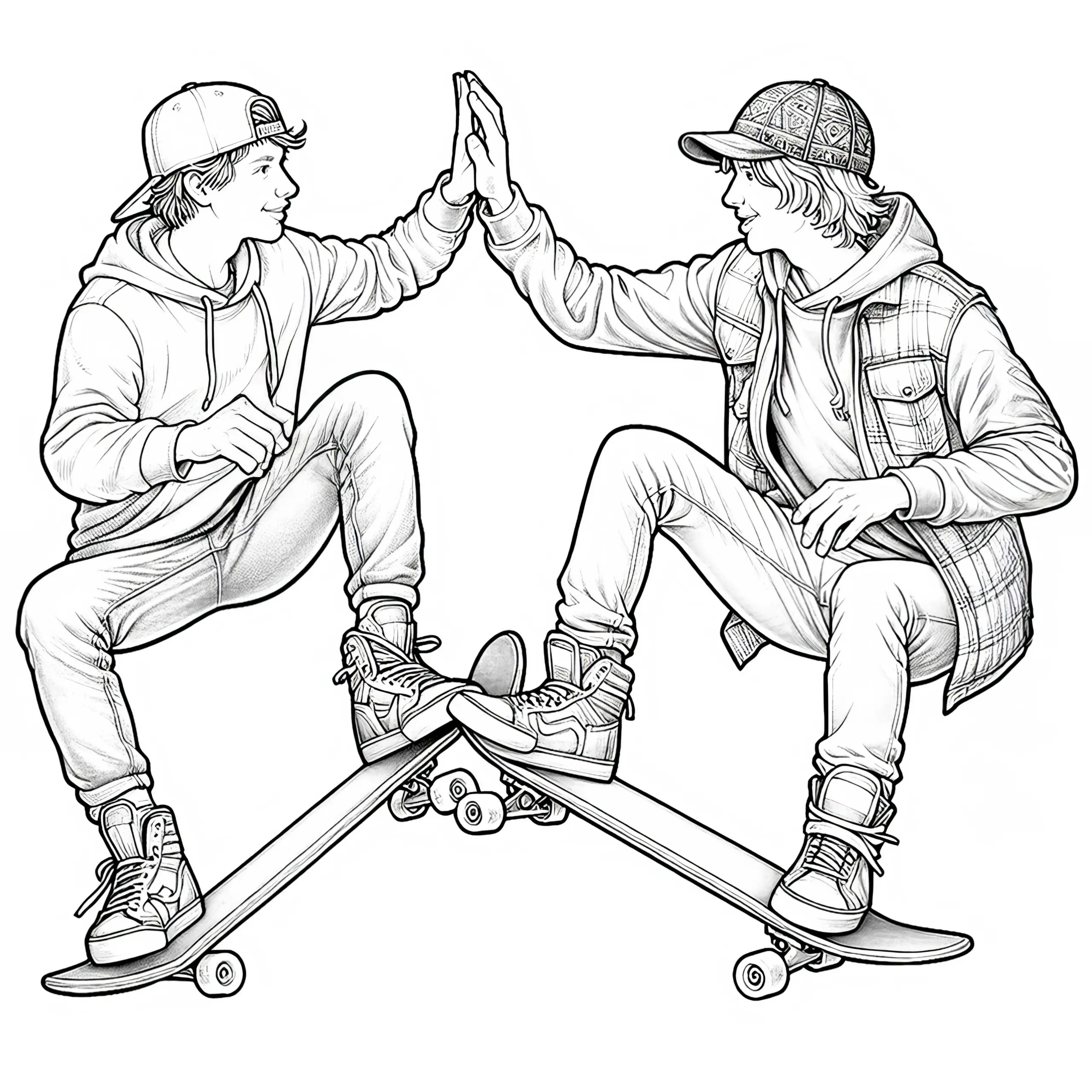 Zwei Freunde auf Skateboards geben sich High Five – Ausmalbild Kostenlos