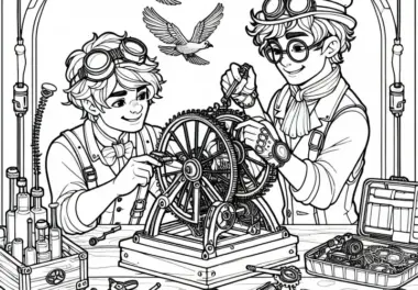 Zwei Freunde bauen eine Maschine – Ausmalbild im Steampunk-Stil kostenlos