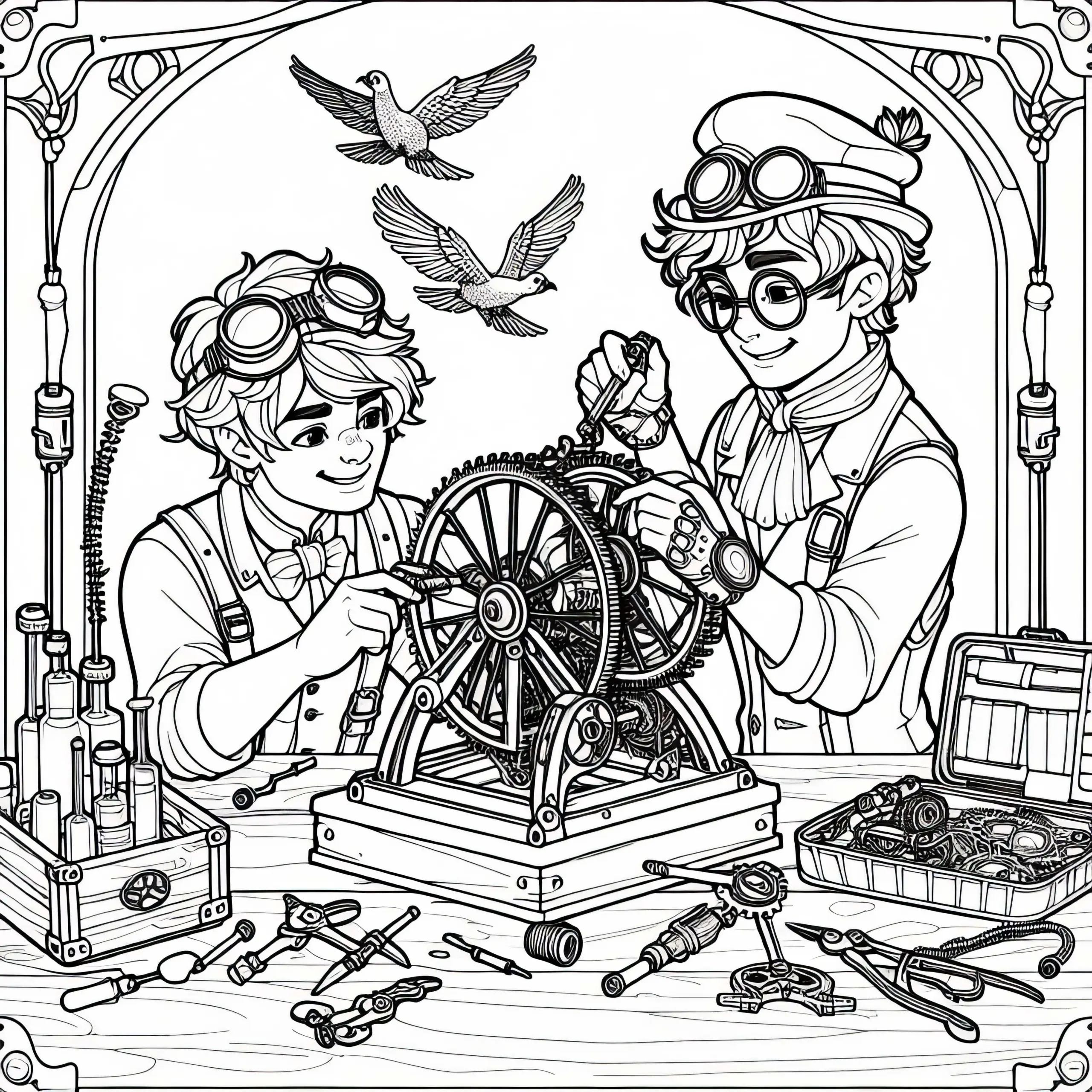 Zwei Freunde bauen eine Maschine – Ausmalbild im Steampunk-Stil kostenlos