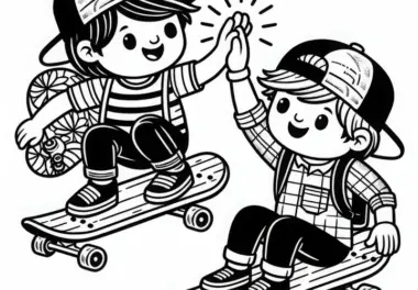 Zwei Freunde fahren nebeneinander auf Skateboards – Malvorlage gratis