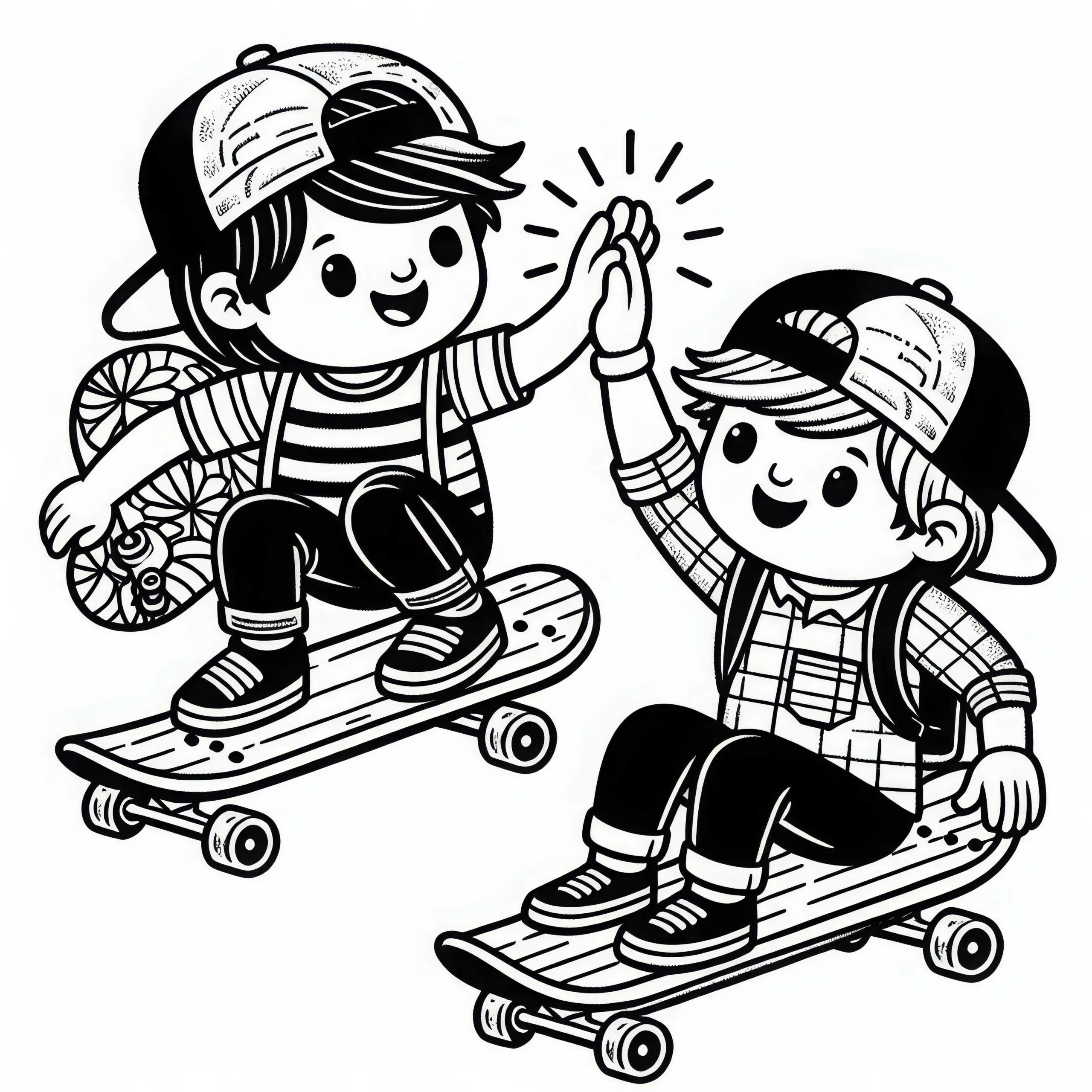 Zwei Freunde fahren nebeneinander auf Skateboards – Malvorlage gratis (Ausmalbild)