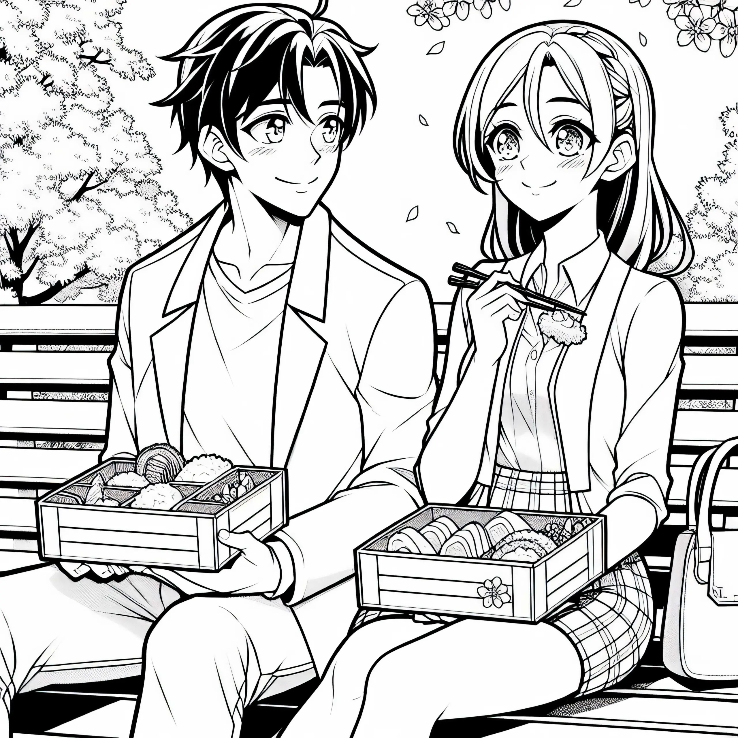 Zwei Freunde sitzen auf Parkbank und genießen Bento-Boxen unter Kirschblütenbäumen – Malvorlage für Anime kostenlos (Ausmalbild)