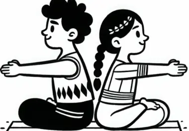 Zwei Freunde sitzen Rücken an Rücken und dehnen sich – Yoga Ausmalbild kostenlos