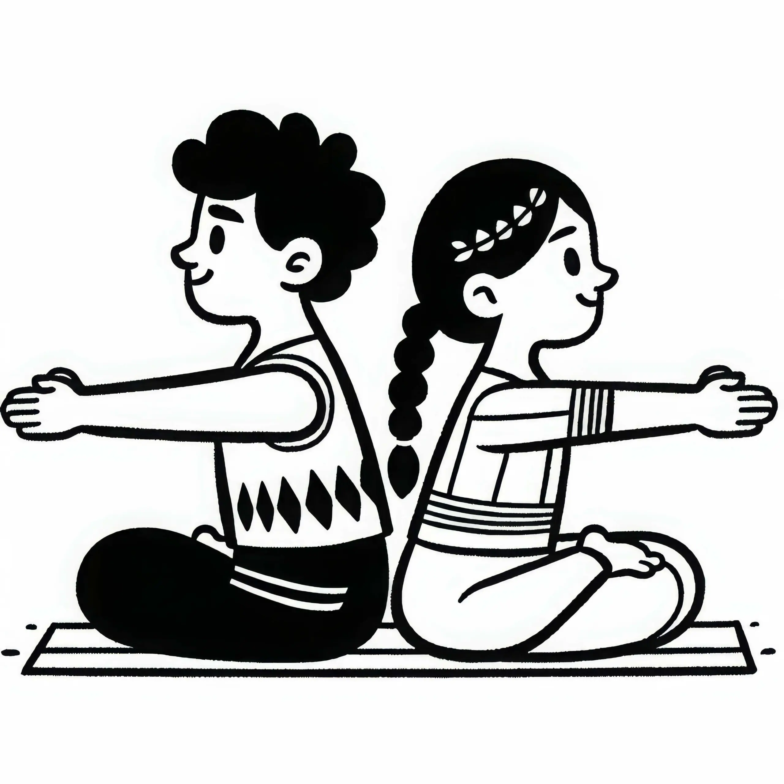 Zwei Freunde sitzen Rücken an Rücken und dehnen sich – Yoga Ausmalbild kostenlos