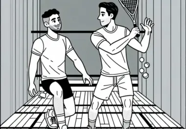 Zwei Freunde spielen Squash zum Spaß in der Freizeithalle – Ausmalbild kostenlos