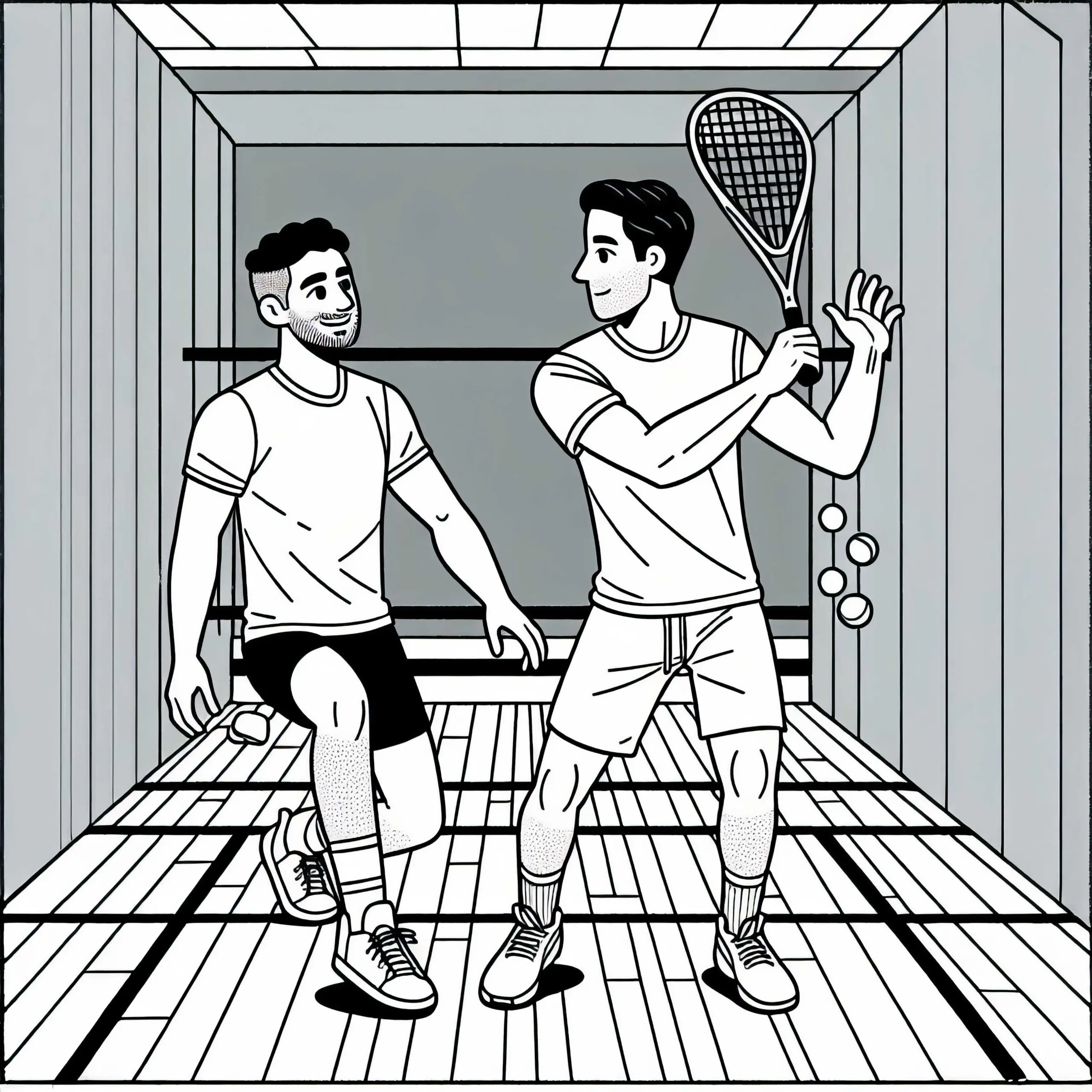 Zwei Freunde spielen Squash zum Spaß in der Freizeithalle – Ausmalbild kostenlos