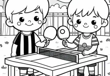 Zwei Freunde spielen Tischtennis im Park – Ausmalbild einfach kostenlos