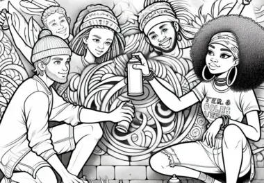 Zwei Freunde sprühen ein Bild an der Wand – Graffiti Ausmalbild kostenlos